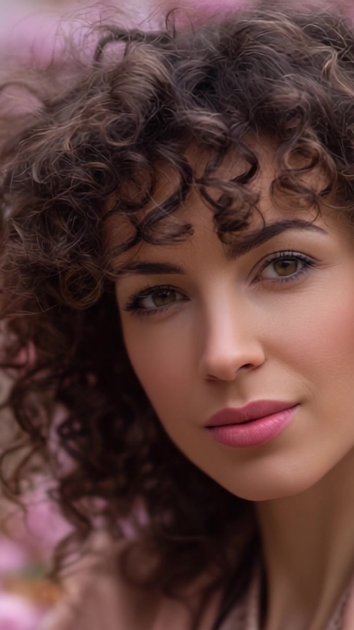 Un primo piano accattivante di una bella donna con i capelli ricci circondata dalla natura, che emana eleganza e serenità in due splendide inquadrature.