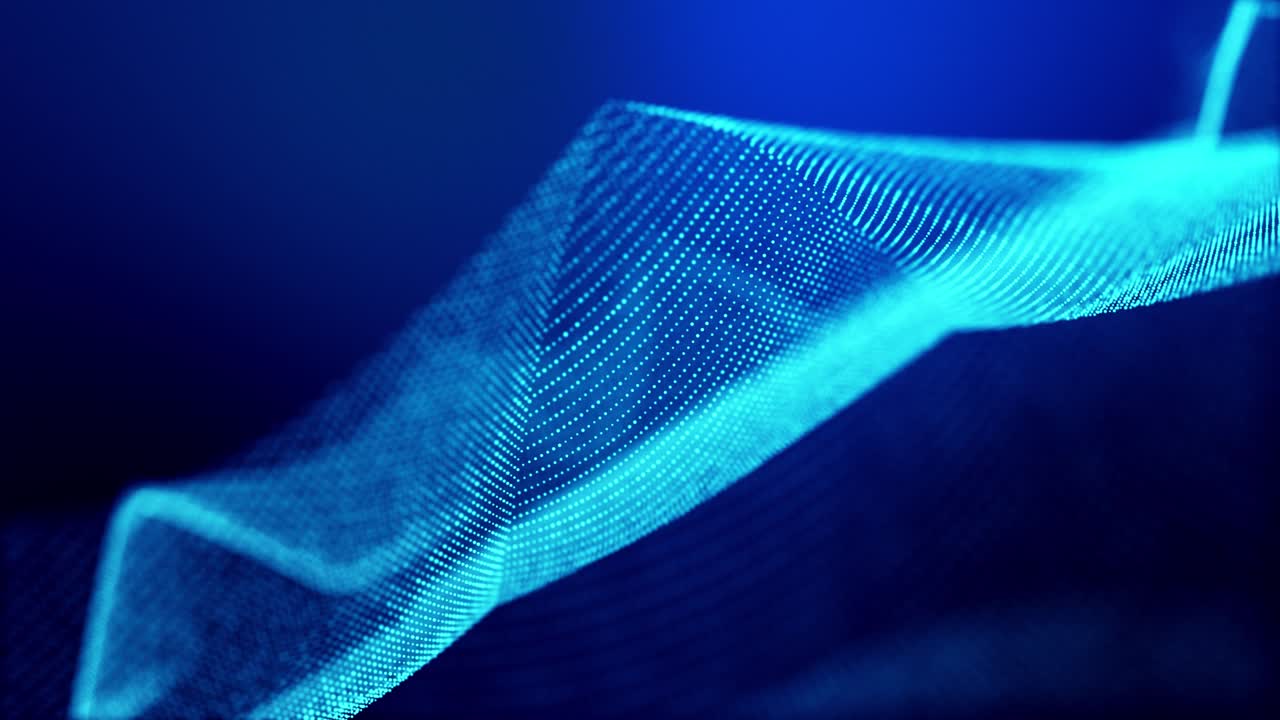 4k looped abstract background of glow particles form lines, surfaces as futuristic landscape in cyberspace or hologram. Sci-fi theme of microworld, nanotechnology or cosmic space. Blue sharp peaks 5