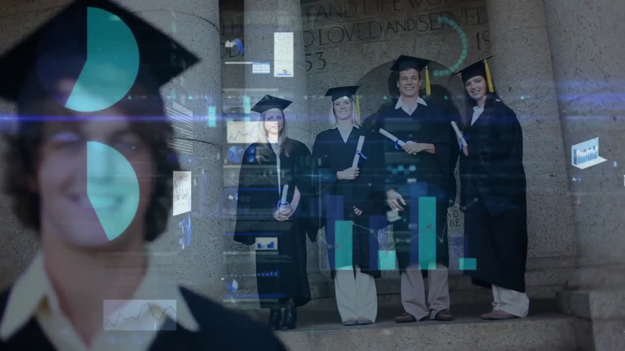 выпускники в холостяцком платье с анимацией данных на переднем плане