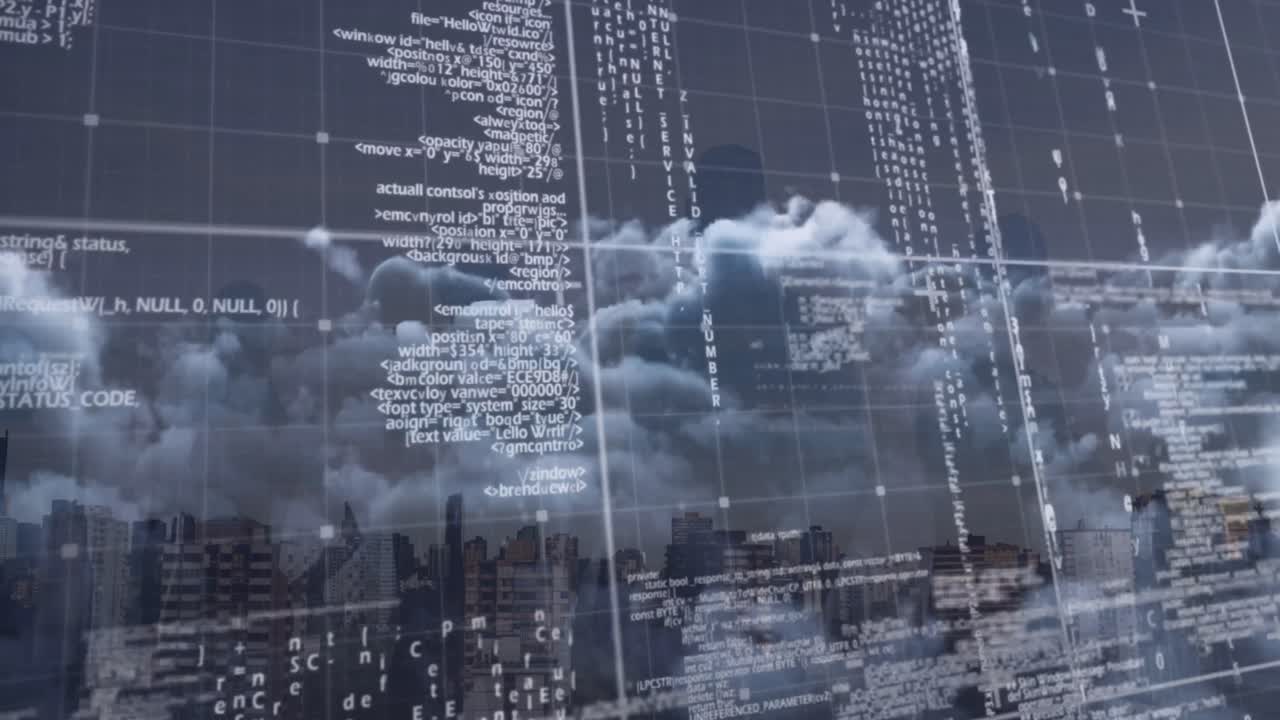 Animation of data processing over cityscape background