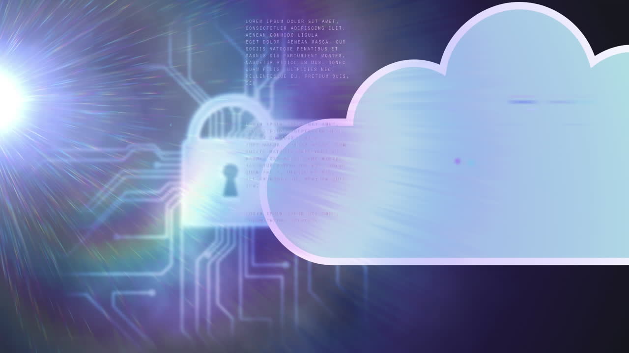 animación del procesamiento de datos a través de un candado de seguridad en línea y una nube digital