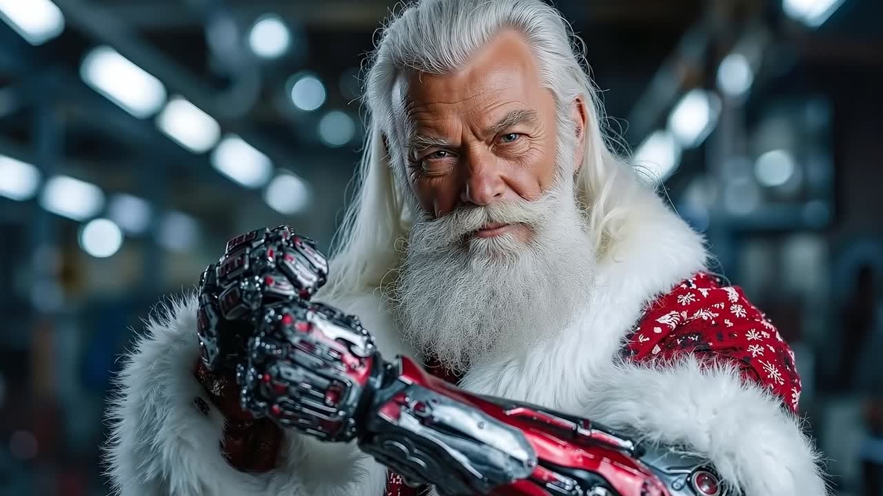 A man dressed as Santa Claus holding a robotic arm