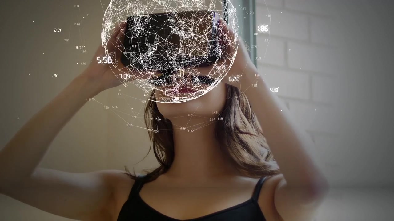 Animazione di globo con connessioni su donna caucasica che indossa un visore VR