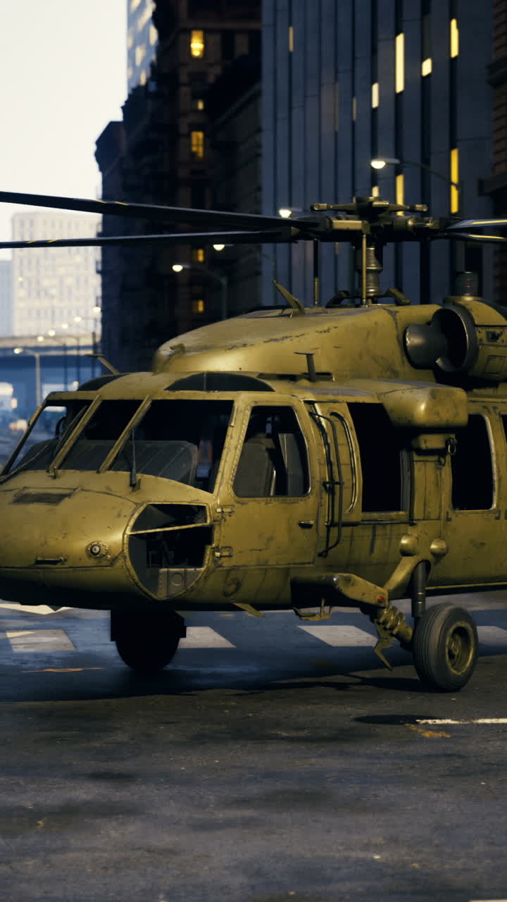 Military helicopter on an abandoned urban street after a major event