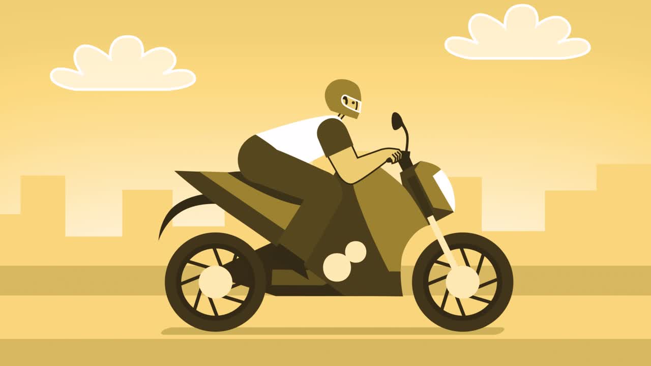 노란색 스타일의 남자 플래트 캐릭터가 오토바이를 타고 있습니다. 알파 채널과 함께 고립된 루프 애니메이션