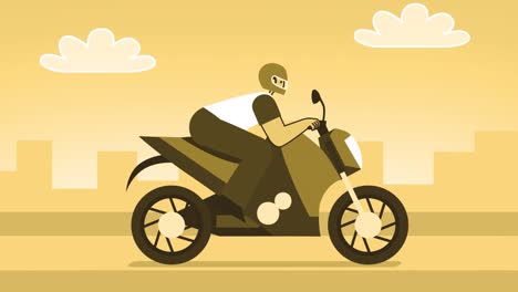 yellow style man flat character riding motorcycle. isolated loop animation with alpha channel
