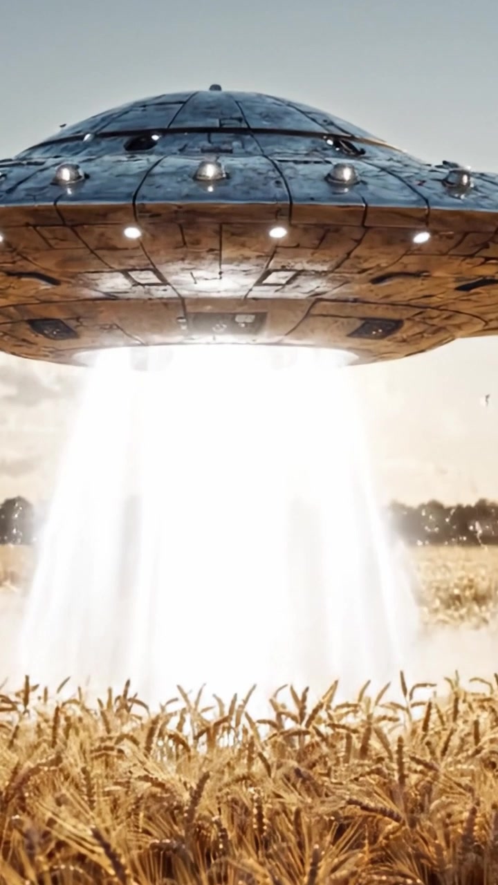 A Mysterious UFO Emerges from the Wheat Fields, Illuminating the Surroundings with Bright Beams of Light as It Takes Off into the Sky in This Stunning Science Fiction Scene