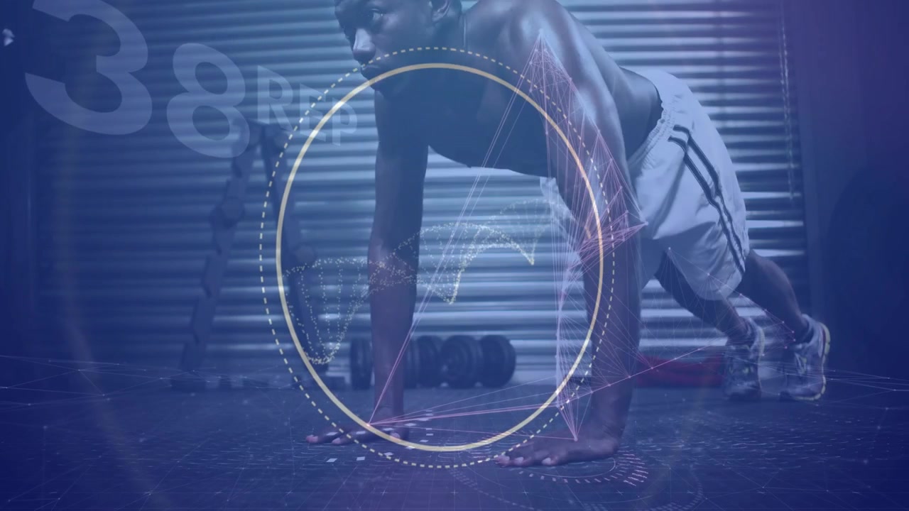 Man performing push-ups in garage gym, counter appearing mid-30s, HUD pulsing and tracking reps