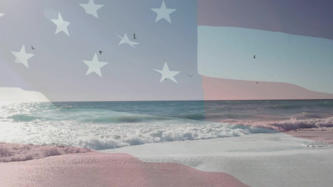 In riproduzione, spiaggia che mostra onde che rifluiscono e fluiscono, uccelli che volano, bandiera che sventola, promuovendo il marchio.