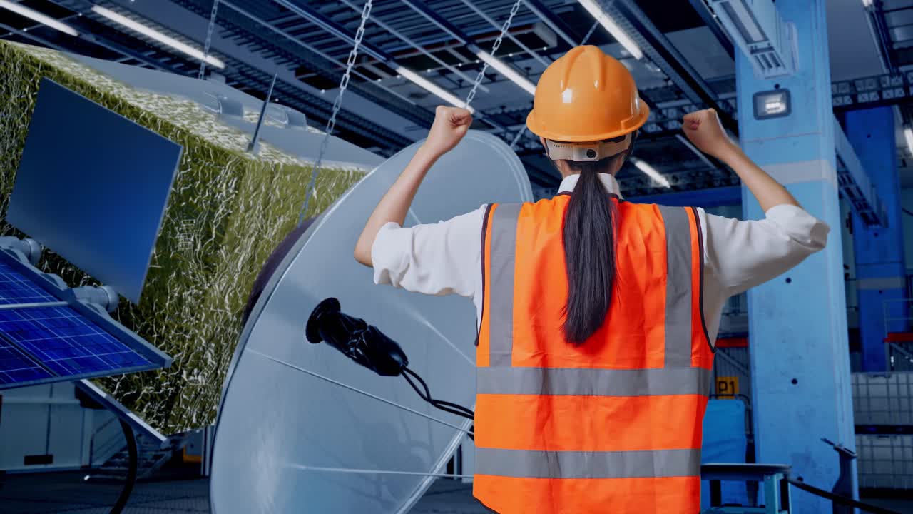 제조 시설에서 위성 작업을 하는 엔지니어