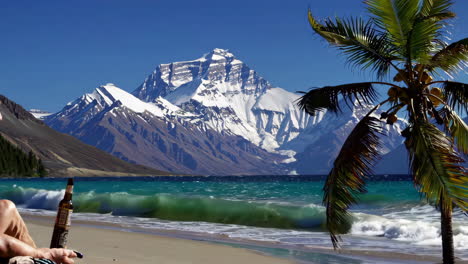 a surreal beach with mount everest
