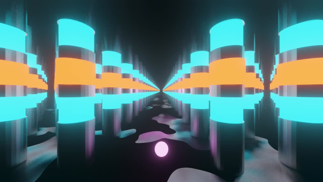 4K video animation of a seamless loop between beautiful sci-fi pillars with bright colorful neon blue and yellow lights on it and the reflection of the moon on the glass floor.