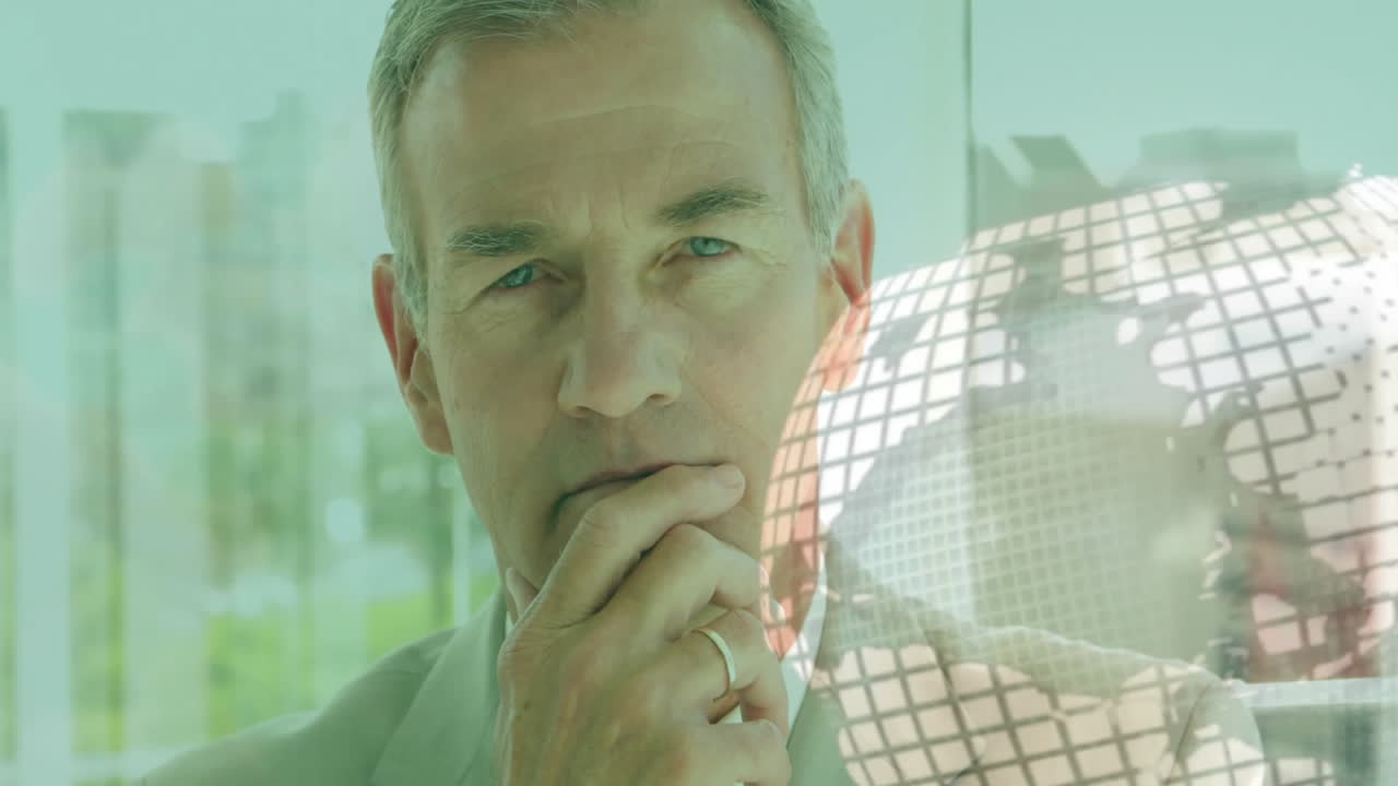 사려 깊은 비즈니스 전문가가 디지털 글로브 애니메이션을 통해 에 손을 고 있습니다.