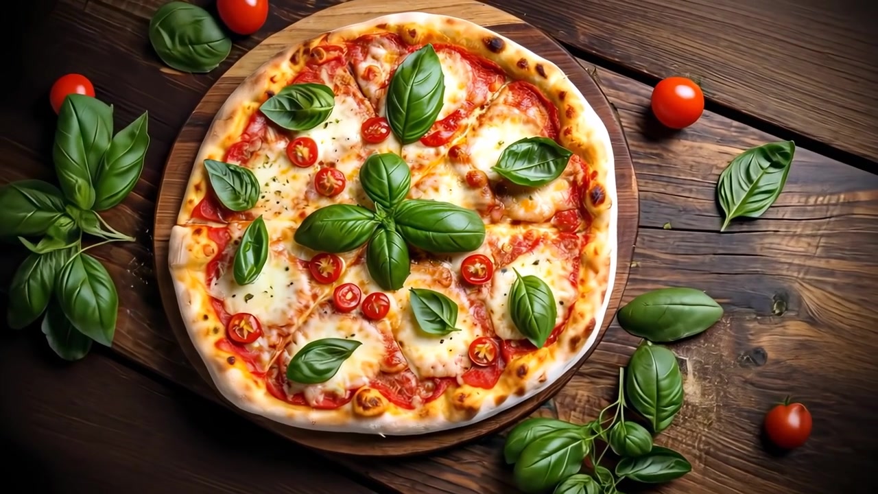 Vista dall'alto di pizza Margherita appena sfornata con basilico e pomodorini