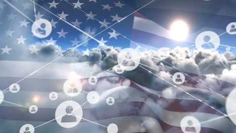 animation of network of connections with icons and flag of usa over clouds