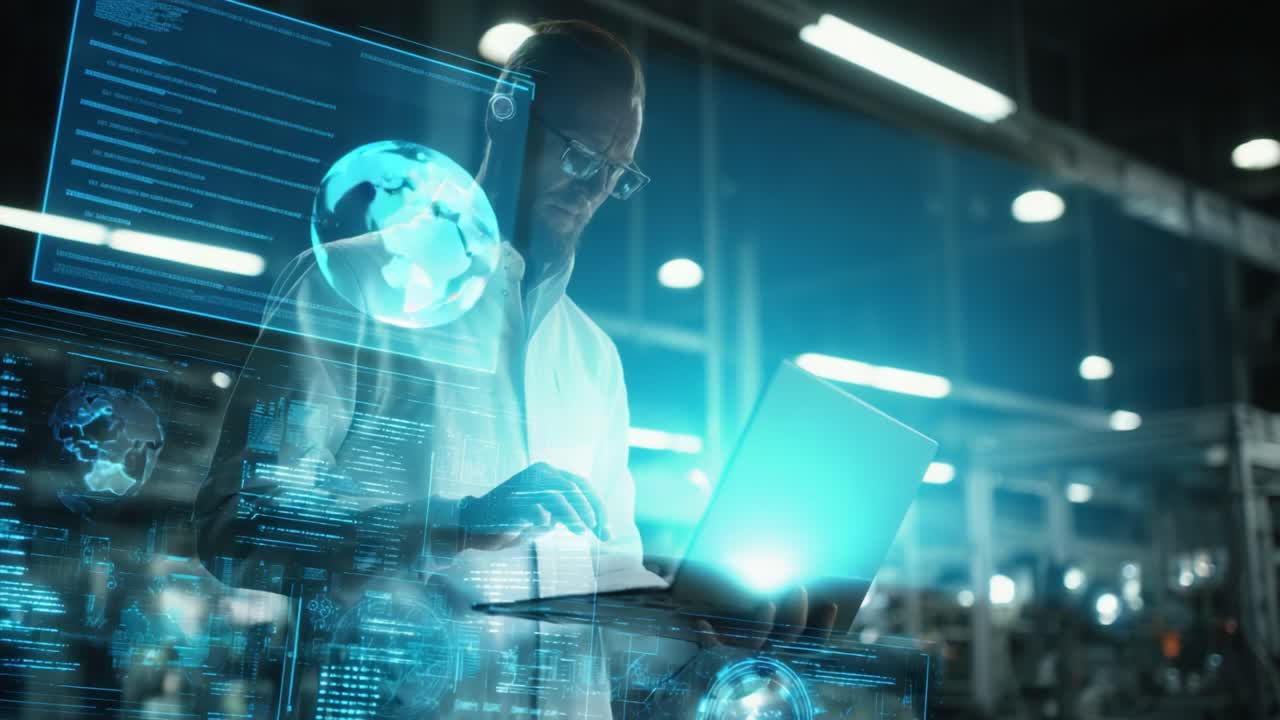 A focused individual analyzes vivid, digital data streams on a sleek laptop, surrounded by an advanced technological environment showcasing futuristic projections and interactive displays