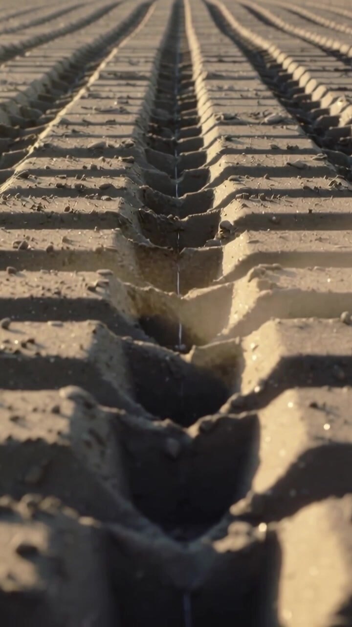 Vertical video: Dripping thin droplet moving down central V trough on compact soil, shifting grains