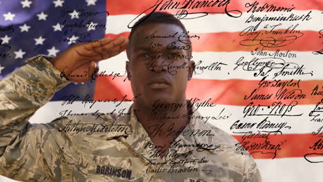 written constitution of the united states and a flag behind a military man 4k