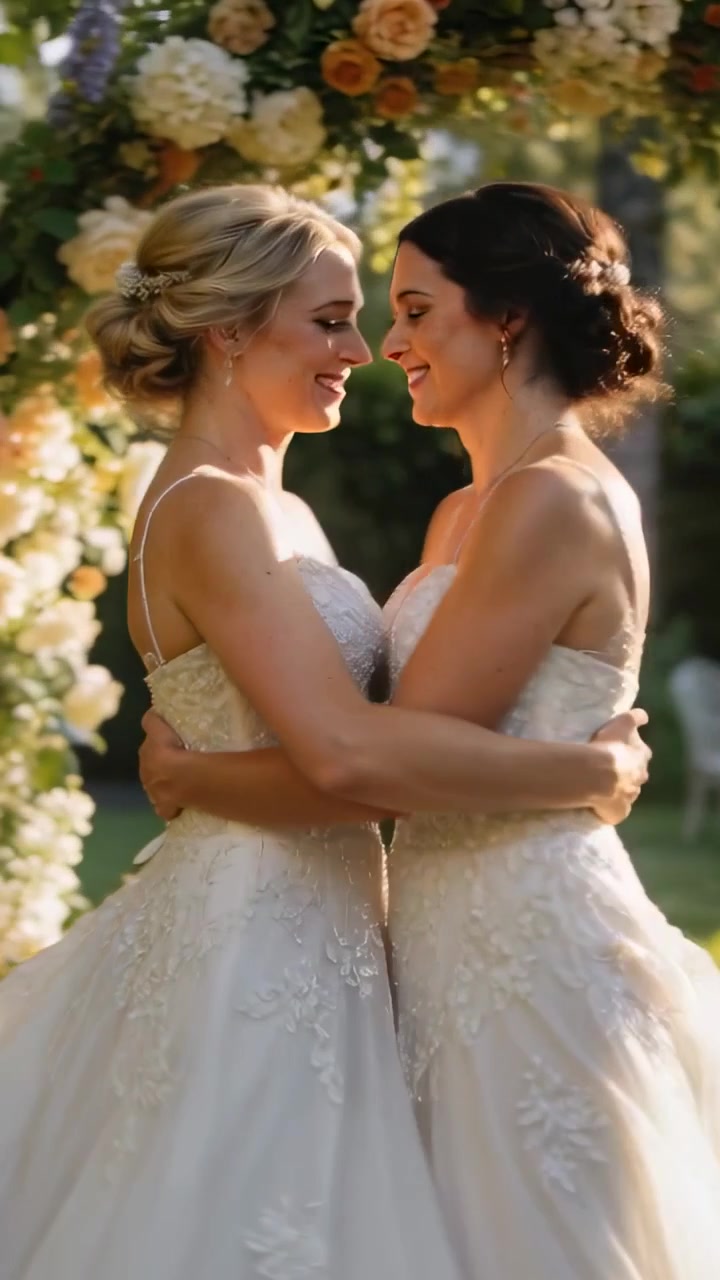 Vertical video: Meeting gaze two brides in gowns embracing in garden under floral arch celebrating