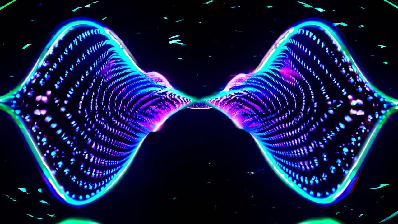 Abstract video art with a dynamic wave of neon lights in a dark space