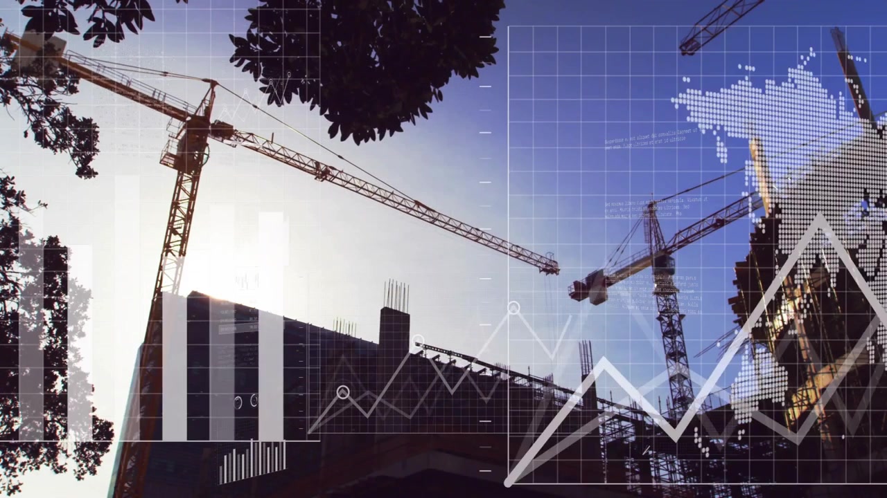 Bar charts fading in to show project data around tower crane site, hook lowering, picking beam