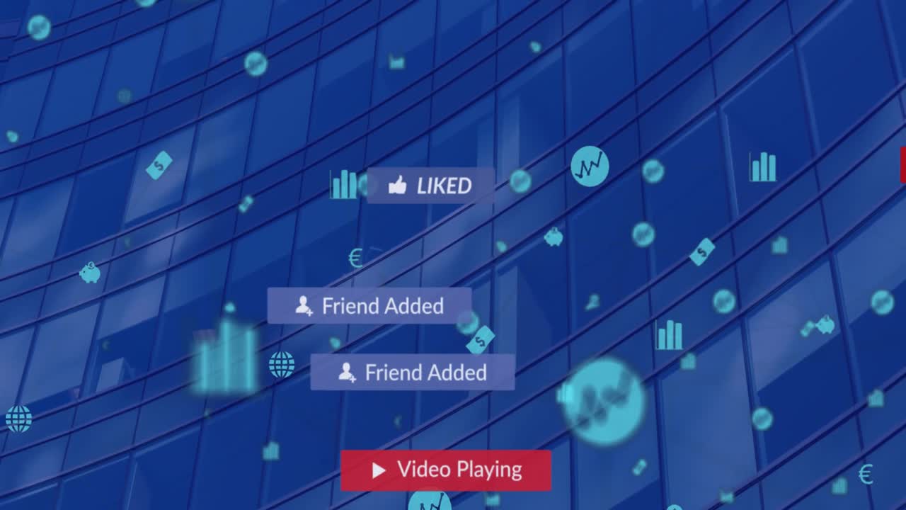 animación del texto de las redes sociales en pancartas con iconos digitales sobre un edificio moderno