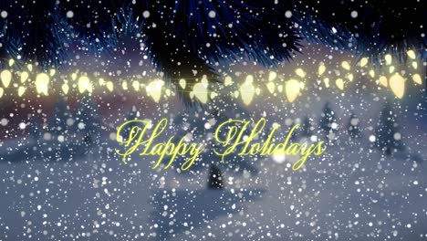 animation of season's greetings with christmas fairy lights and snow falling over winter landscape