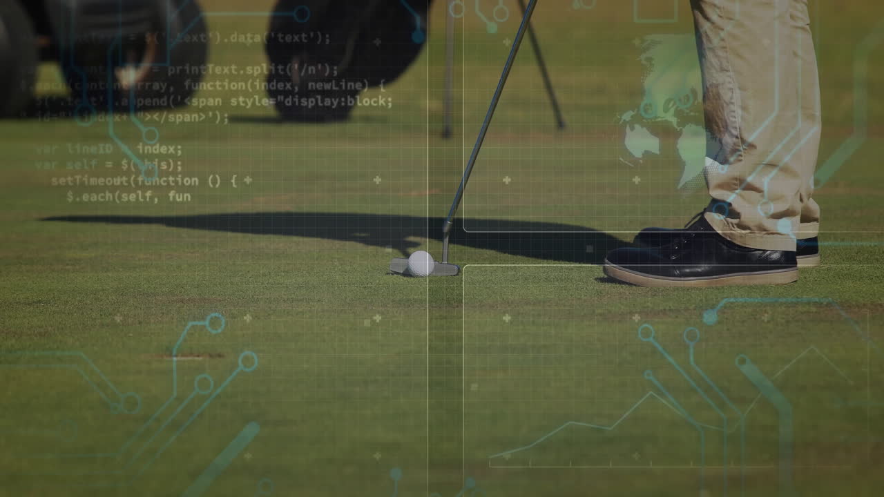 golfer aligning putter head behind ball on green while showing flat design circuit grid overlays