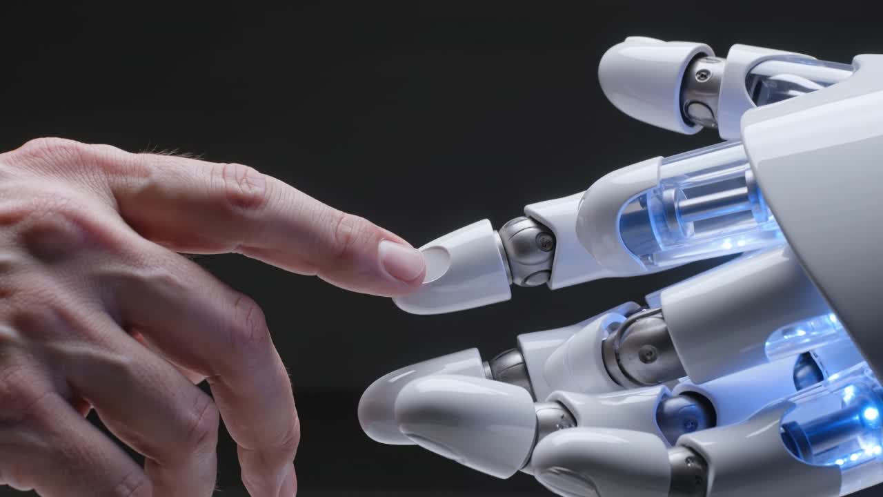 Human hand reaching out to touch a robotic hand representing artificial intelligence and human machine collaboration technology