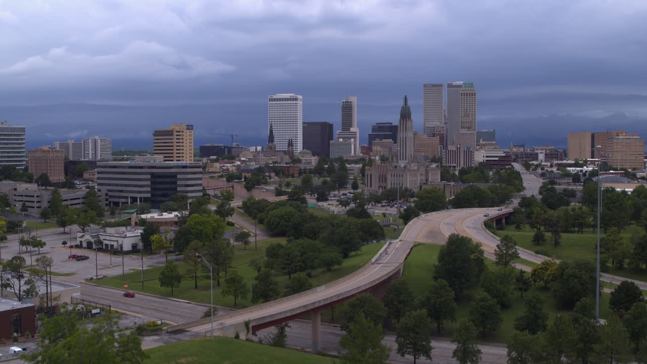 Descending drone shot of Tulsa, Oklahoma cityscape
