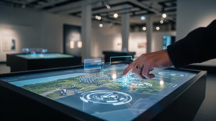 Mostra digitale interattiva che presenta tecnologie avanzate con coinvolgimento degli utenti in un'esposizione d'arte moderna, illustrazioni accattivanti e funzionalità touchscreen interattive