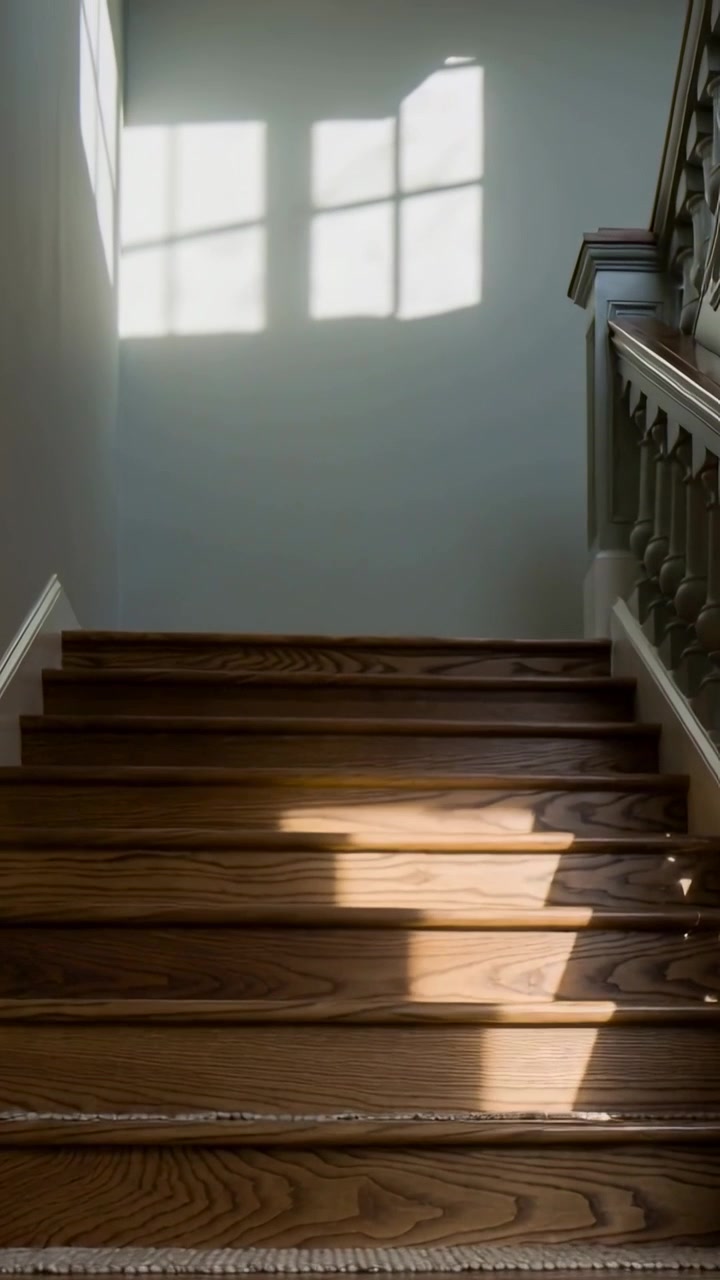 Video verticale: Luce solare che si sposta da una finestra a riquadri, rivelando gradini in legno, ringhiera e moquette in casa