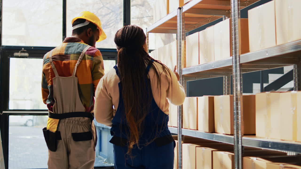 Warehouse workers organizing stock on shelves