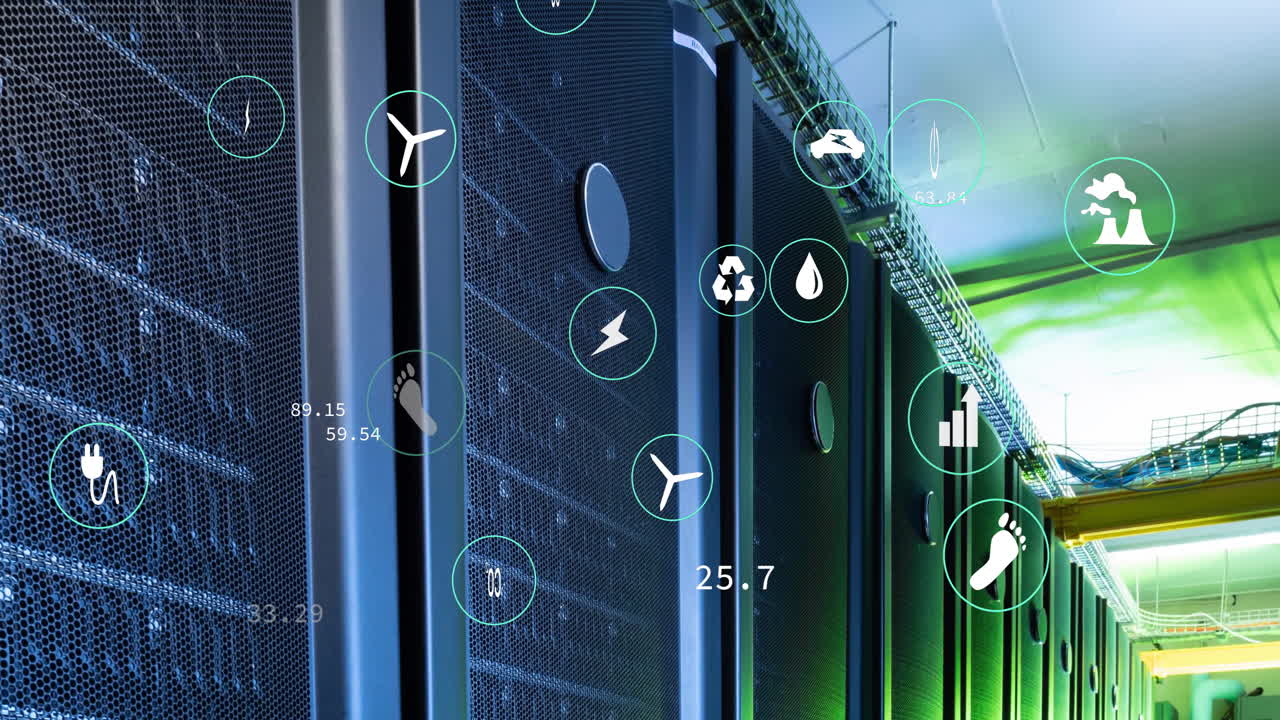 animación de iconos de ecología y procesamiento de datos en la sala del servidor