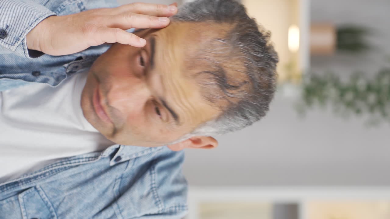 카메라를 향한 사려 깊은 남자의 수직 비디오가 아이디어를 떠올리게 됩니다.