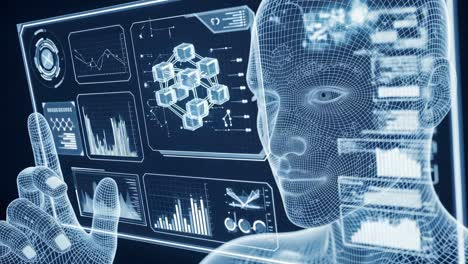 exploring the future: a digital human interface analyzing complex data visualizations and graphs in a futuristic virtual environment