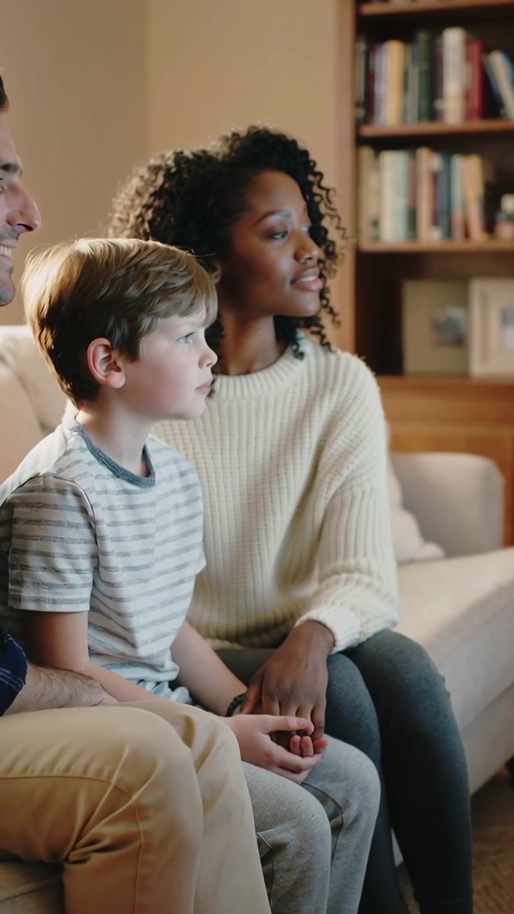 Video verticale: Famiglia sorridente sul divano che guarda a destra dopo una chiamata fuori campo, madre con maglione color crema.