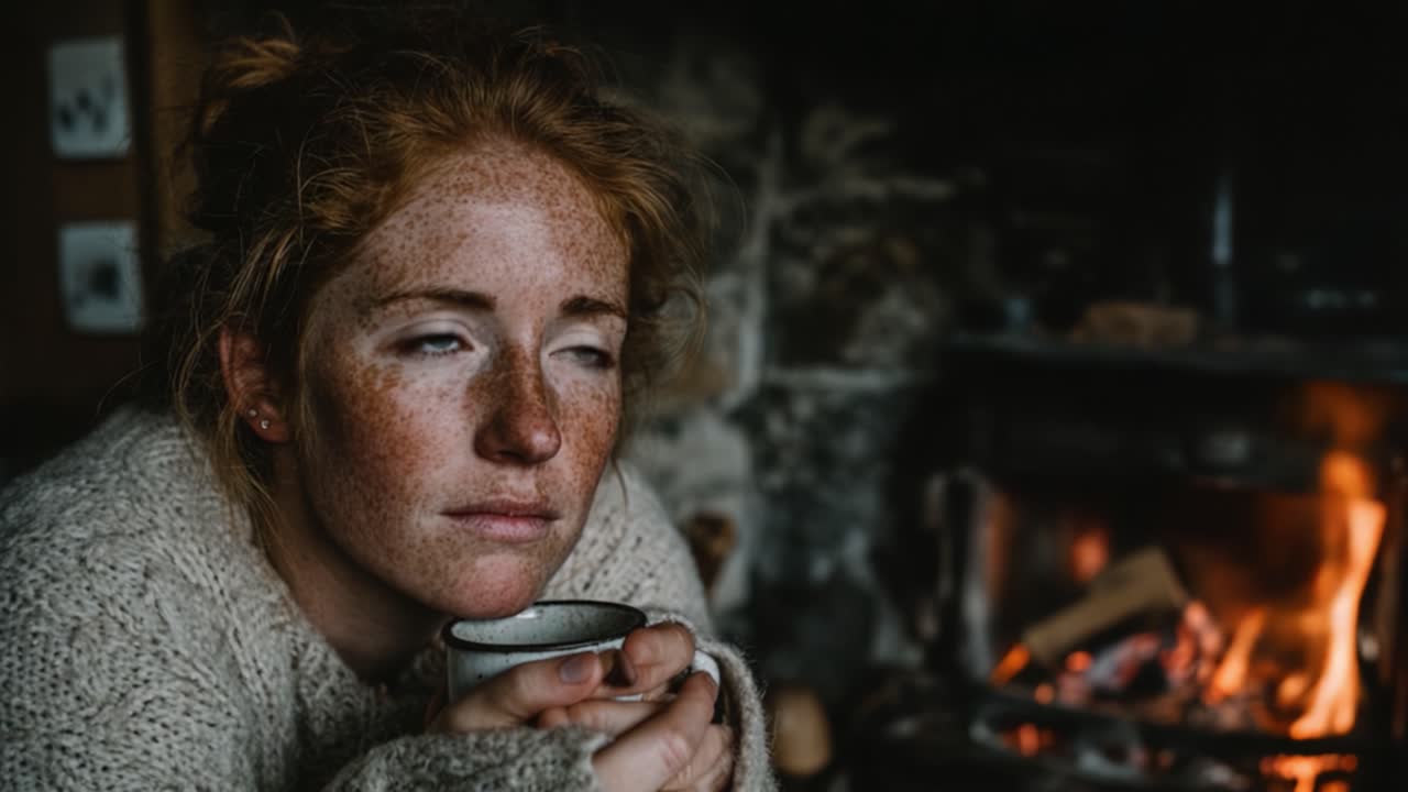 A Cozy Moment by the Fire: A Woman Reflects While Holding a Warm Mug in a Rustic, Inviting Cabin Setting Filled with Comfort and Serenity