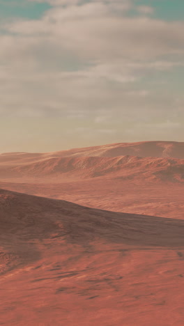 a vast and desolate red desert landscape stretches out under a clear blue sky with wispy clouds.