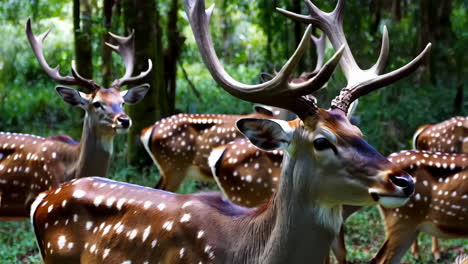 a herd of spotted deer with antlers in a forest