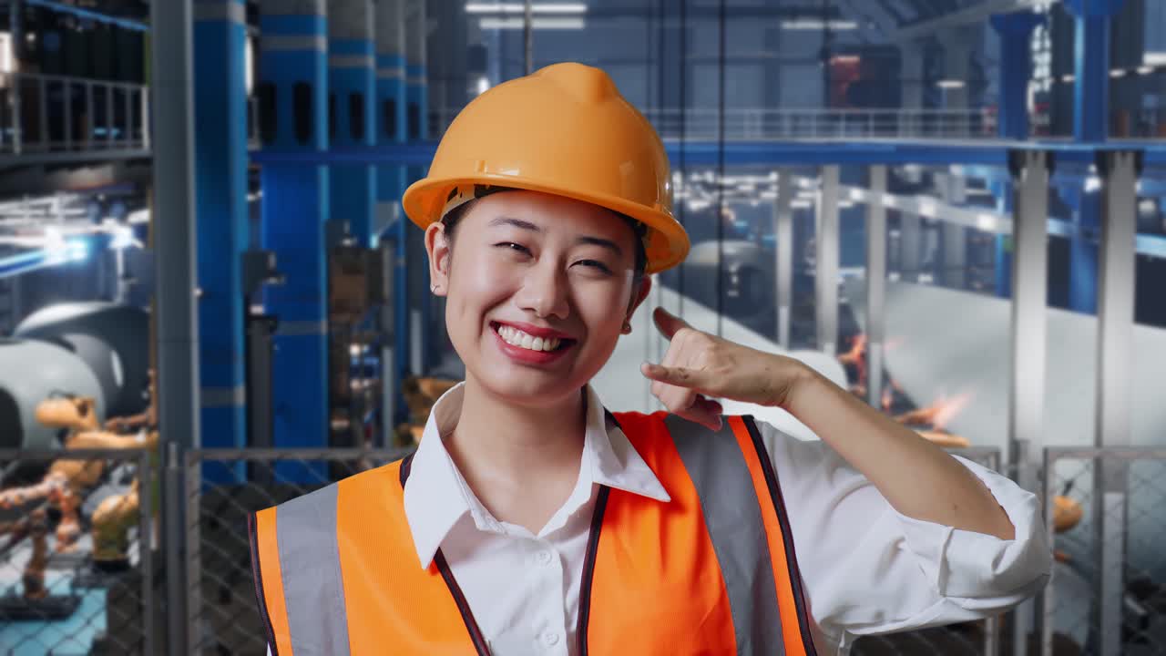 안전 헬을 입은 아시아 여성 엔지니어가 풍력 터빈 제조 공장에서 서서 카메라를 향해 미소 짓고 로 팔이 작동하는 동안 전화 제스처를 만니다.