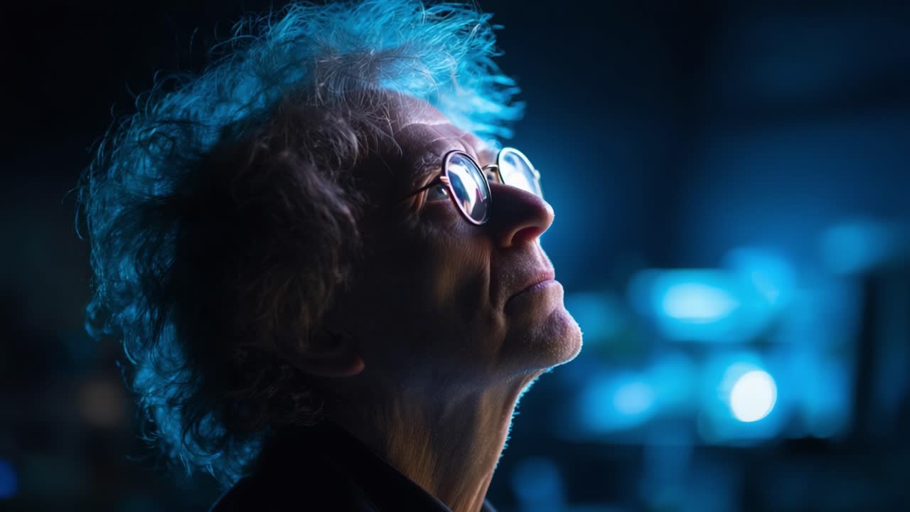 A contemplative figure gazes upward, illuminated by soft blue light, reflecting on thoughts and ideas in a serene, artistic atmosphere that's both striking and profound
