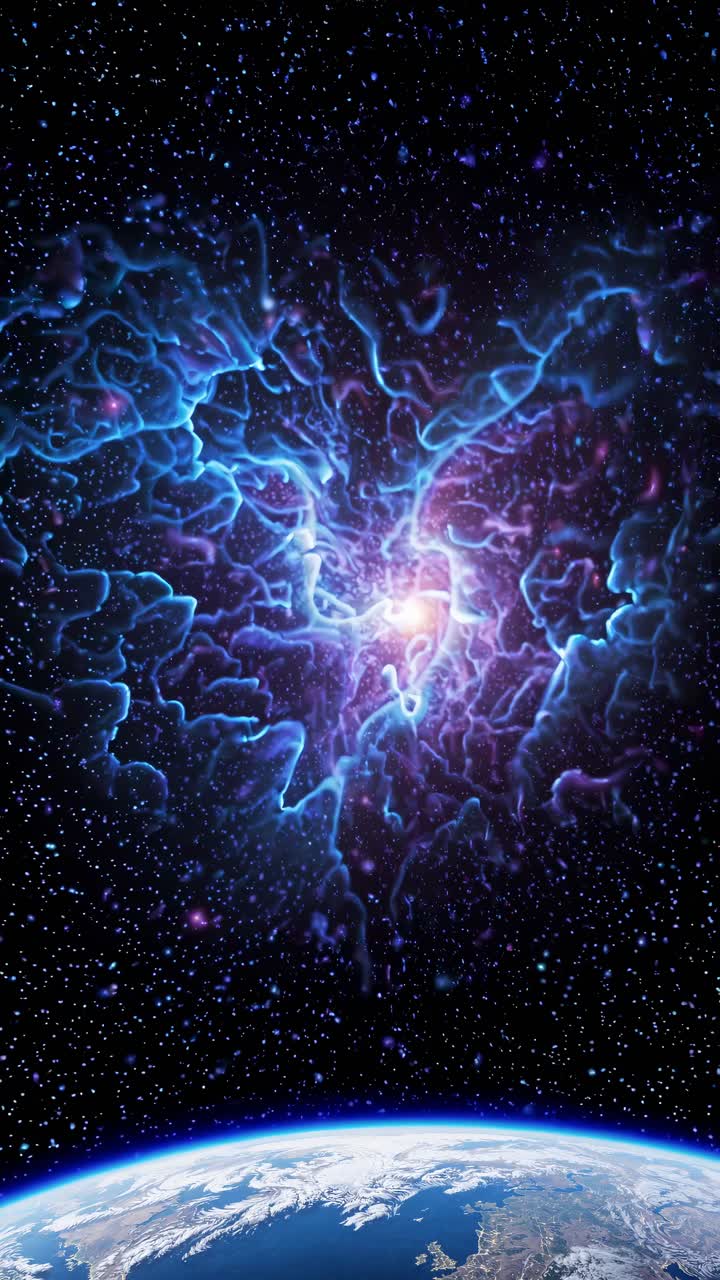 A cosmic scene from a high-angle view, showcasing a nebula with glowing blue tendrils above Earth