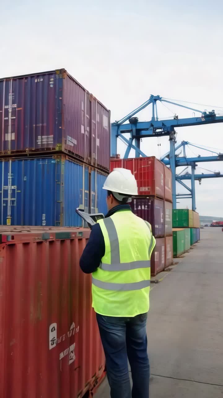 A man in a yellow vest is standing in front of a stack of containers