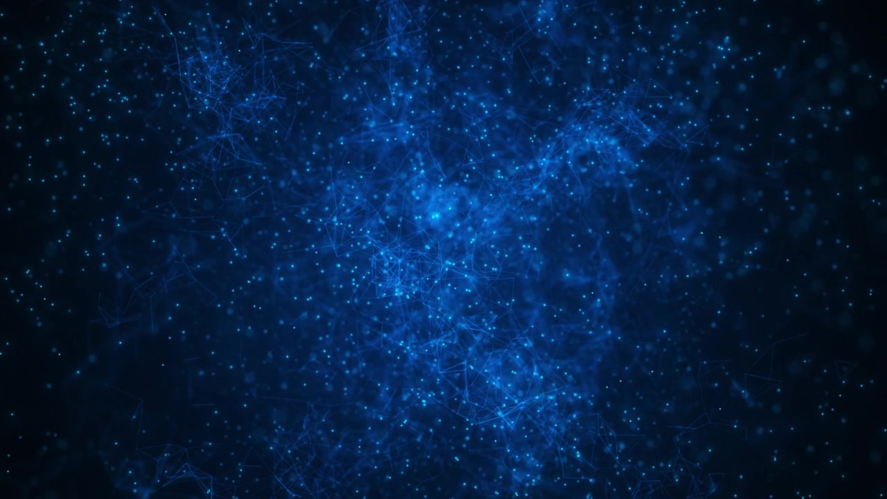 Sfondo di rete di particelle a plesso blu con punti luminosi, linee poligonali e profondità astratta scura