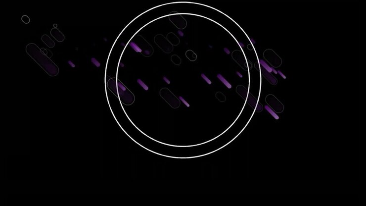Animazione di anelli bianchi con effetto glitch su scie luminose viola su sfondo nero.