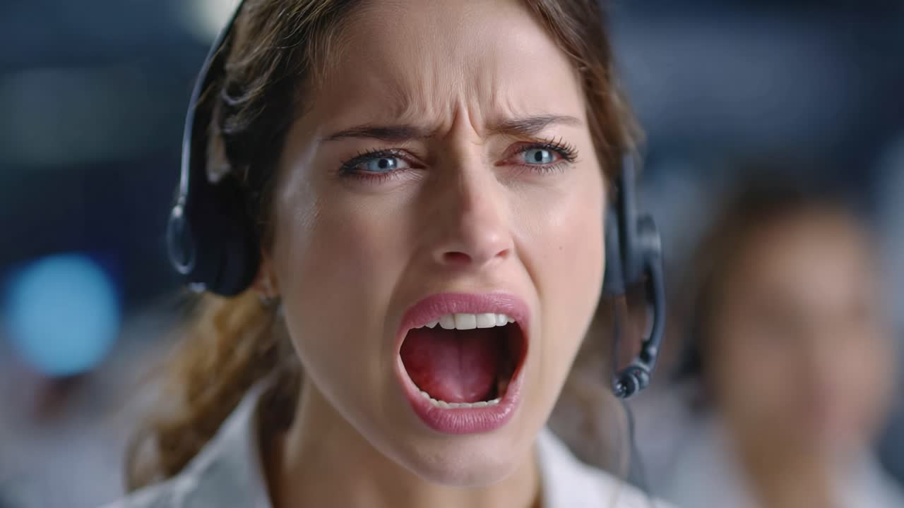 Intense Emotional Outburst: A Woman in a Headset Displays Raw Emotion, Captured in the Heat of a Moment, Exemplifying Passion and Urgency in a High-Pressure Environment