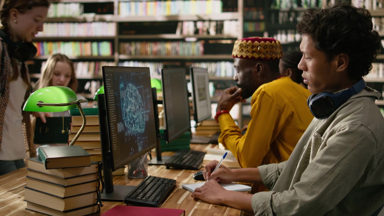 Asian student working with AI brain display on desktop monitor in library