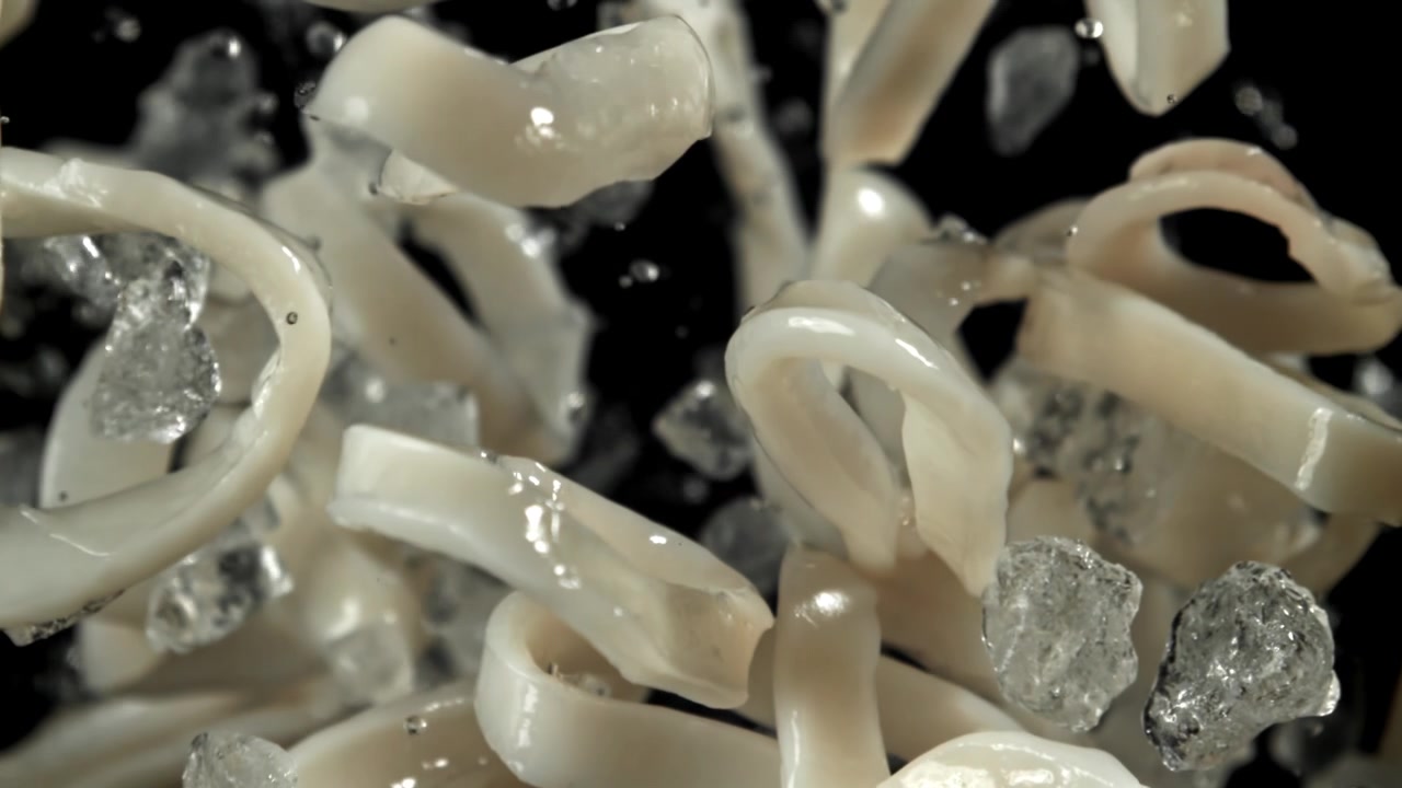 Anneaux de calamars frais et glaçons volant en super ralenti