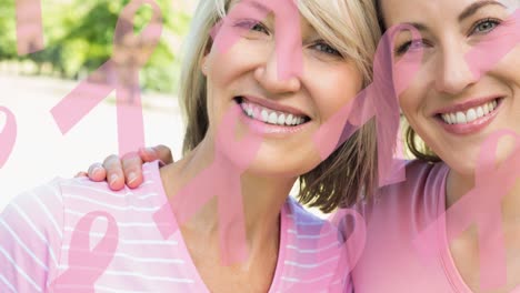 animation of multiple pink ribbon logo over diverse group of smiling women